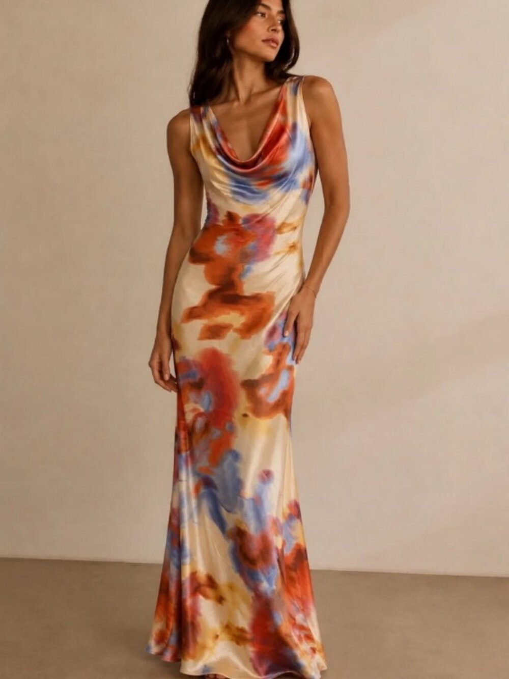 Paper Heart Anthropologie Watercolor Cowl Neck Maxi Dress NWT size Large L